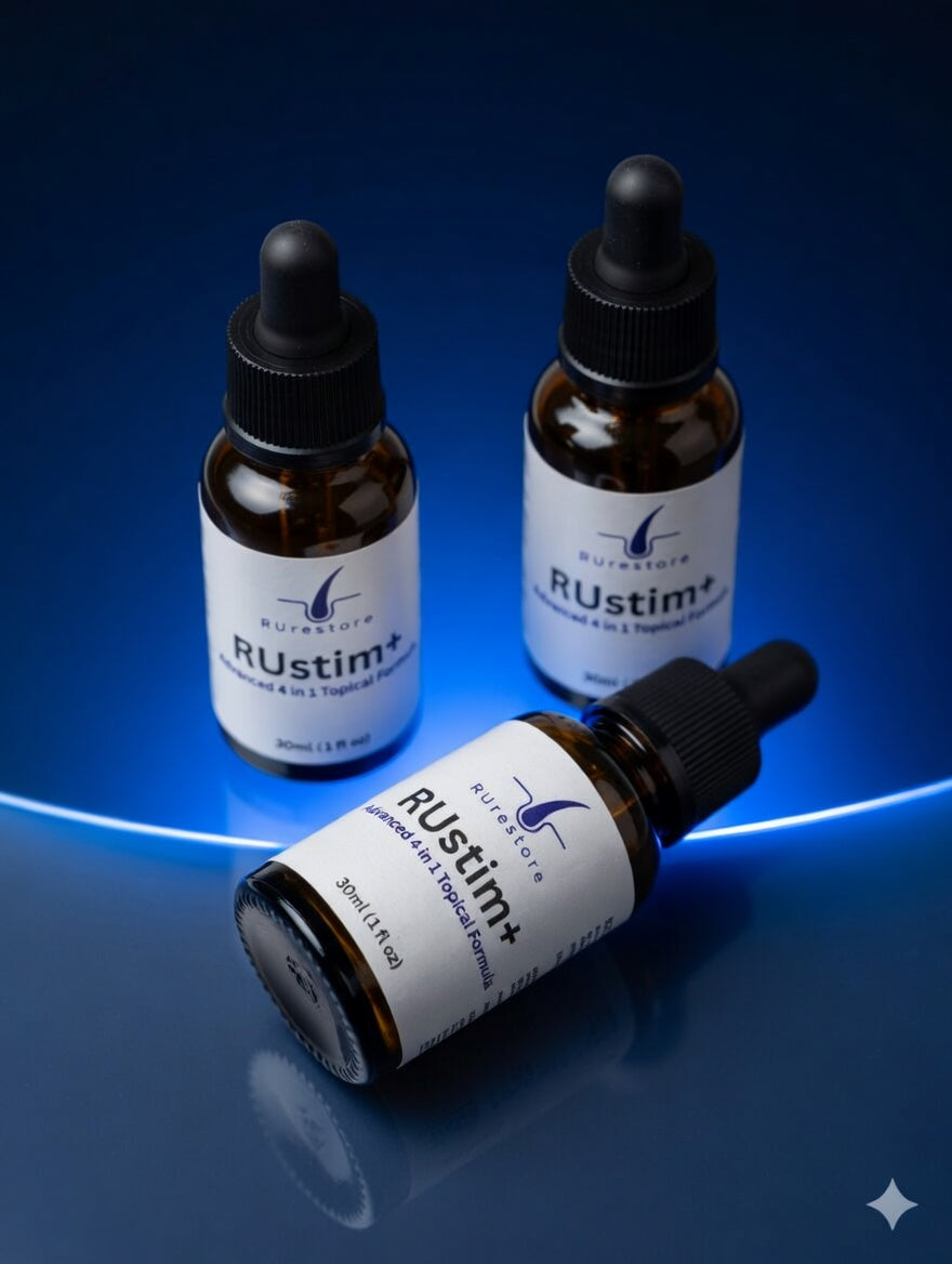 Three bottles of RUstim+ Advanced 4 in 1 Topical Hair Loss Formula on reflective blue surface