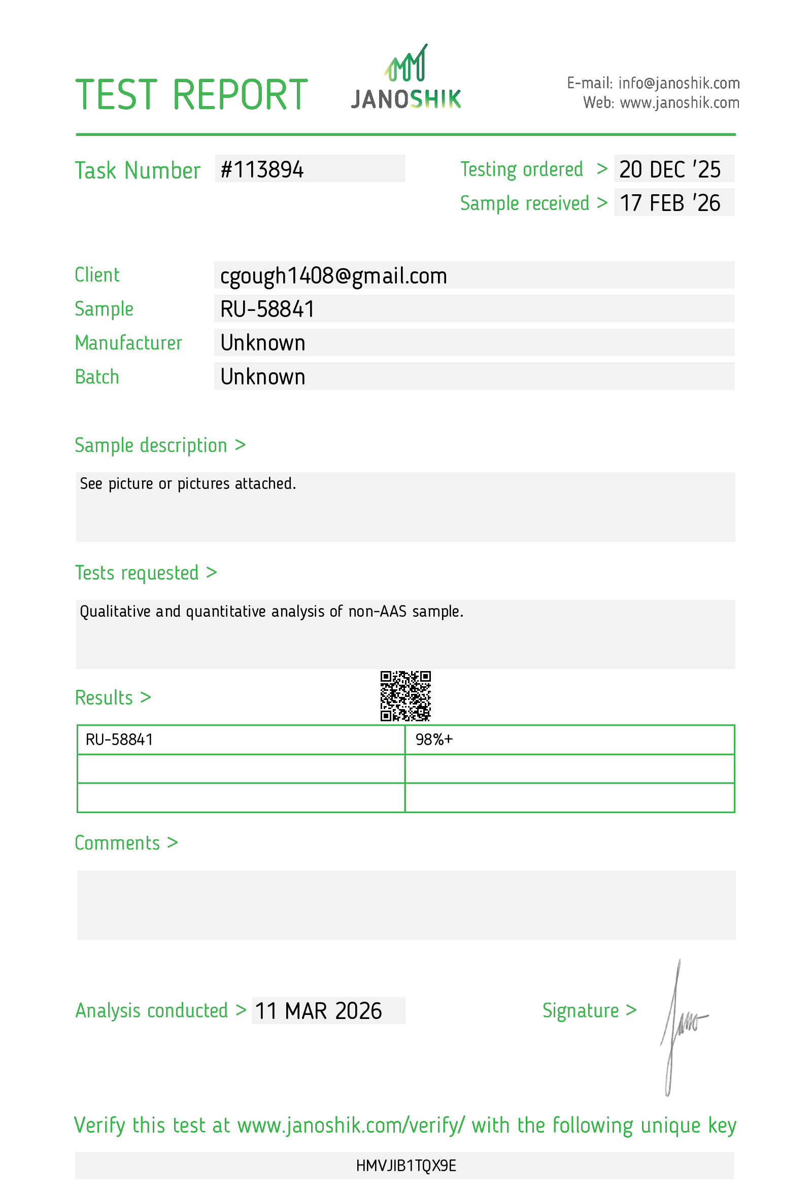 RU58841 third-party lab test report certificate from Janoshik confirming 98%+ purity analysis conducted March 2026
